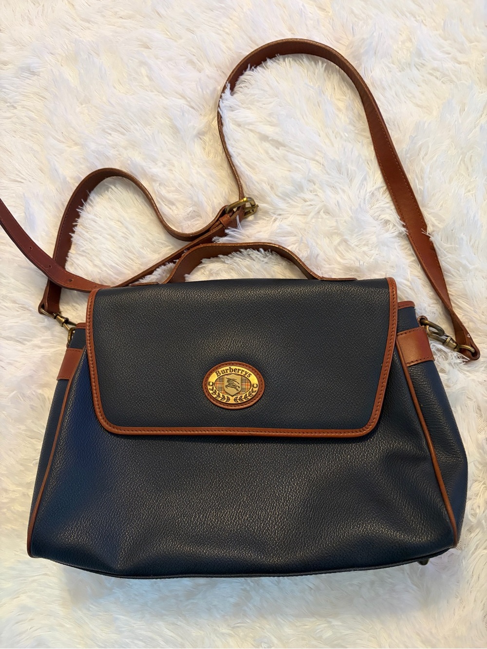 Burberry Navy and Brown Leather Shoulder Bag with Gold Emblem